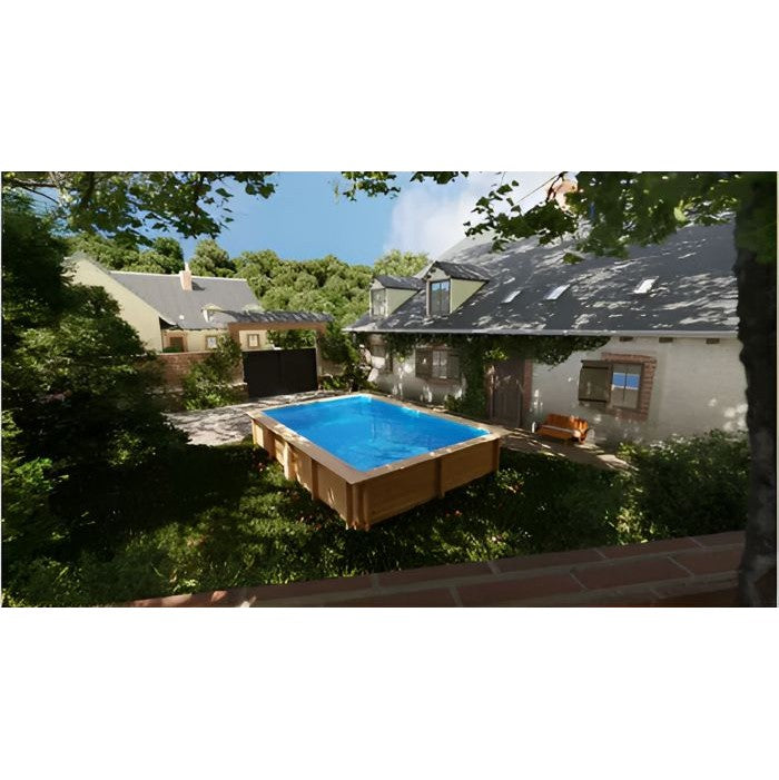 aufgebauter Echtholzpool im Garten frei stehend