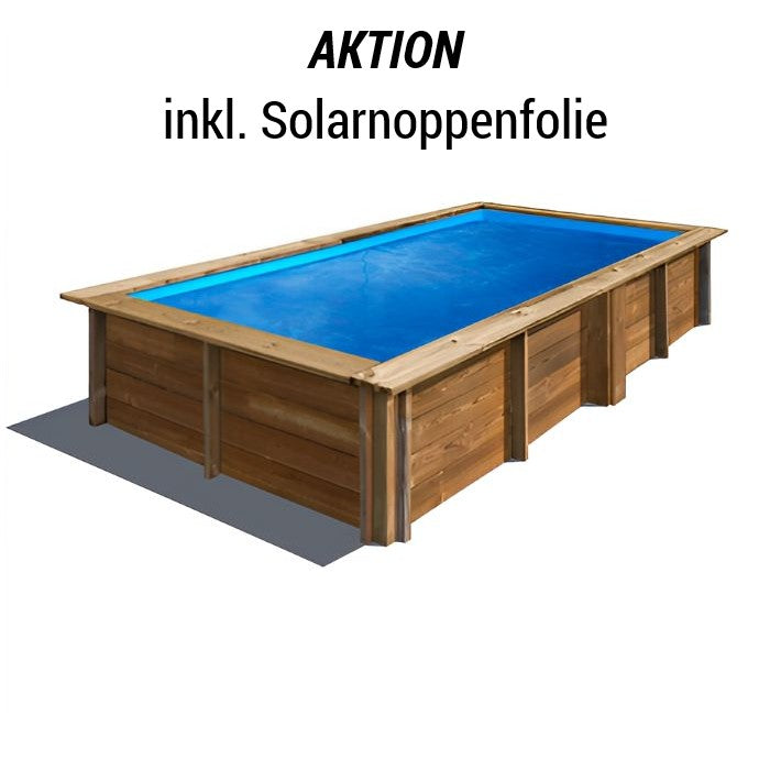 aufgebauter Echtholzpool, Aktion inkl. Solarnoppenfolie