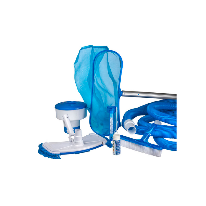 Gre Pool-Reinigungsset 8-teilig – komplettes Set mit Bodensauger, Beckenbürste, Kescher, Teleskopstange, 6 m Schlauch, Teststreifen, Thermometer und Chlordosierschwimmer