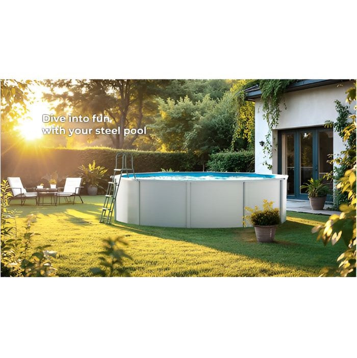 Gre Stahlwandpool in der Farbe weiß im Garten aufgestellt