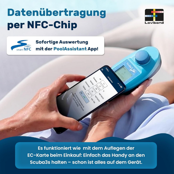 Lovibond Scuba S3 mit Pool Assistant App – Messergebnisse per NFC auf Smartphone übertragen und auswerten