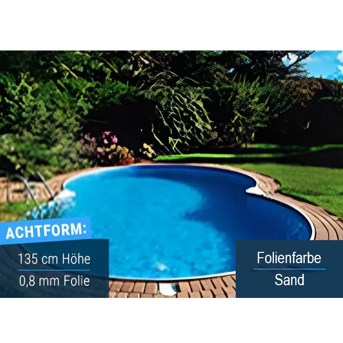 Compact Deluxe Achtform-Stahlwandpool mit blauer Innenfolie im Garten, 135 cm hoch und mit 0,8 mm Folienstärke.