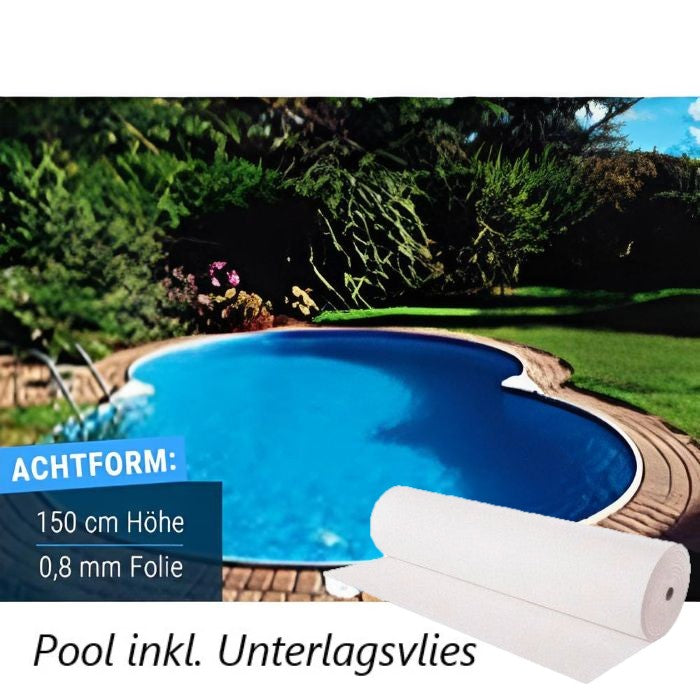 Achtformpool mit blauer Innenfolie, Holzumrandung und Einstiegsleiter im Garten.