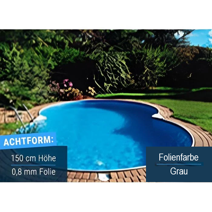 Compact Deluxe Achtformpool im Garten mit grauer Innenfolie, 150 cm Höhe und 0,8 mm Folienstärke