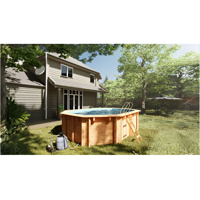 aufgestellt im garten mit sandfilteranlage und leitern