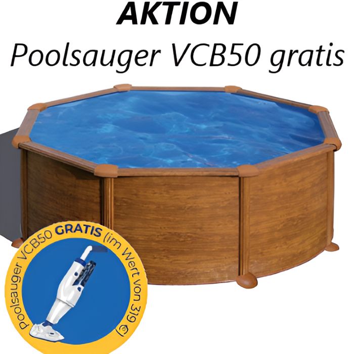 Gre Stahlwandpool Mauritius 350x132 cm mit Holzoptik im Garten aufgestellt