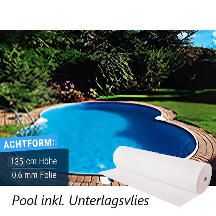 Compact Achtform-Pool mit Holzumrandung und abgebildeter Vliesrolle, beschriftet mit ‚Pool inkl. Unterlagsvlies‘.