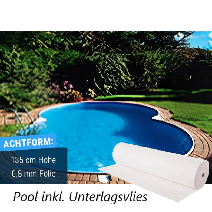 Compact Deluxe Achtform-Pool mit Holzumrandung und abgebildeter Vliesrolle, beschriftet mit ‚Pool inkl. Unterlagsvlies‘.