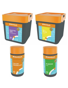 Steinbach Starterpaket Chemie, 4-teilig, 5 kg Quattrotabs, 5 kg pH-Plus, 1 kg Chlorgranulat, 1 l Algezid