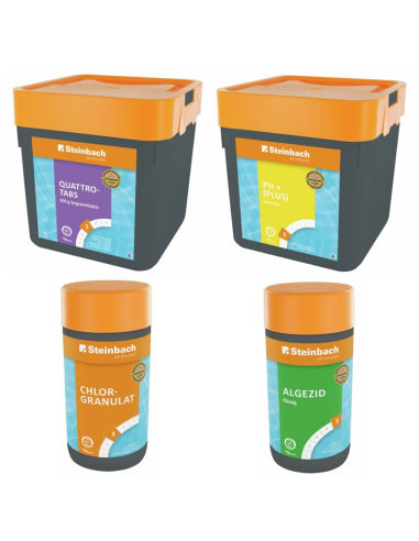 Steinbach Starterpaket Chemie, 4-teilig, 5 kg Quattrotabs, 5 kg pH-Plus, 1 kg Chlorgranulat, 1 l Algezid