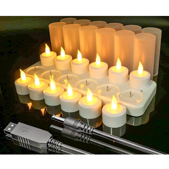26 teiliges LED Teelichter Set, aufladbar inkl. Gläser und Station
