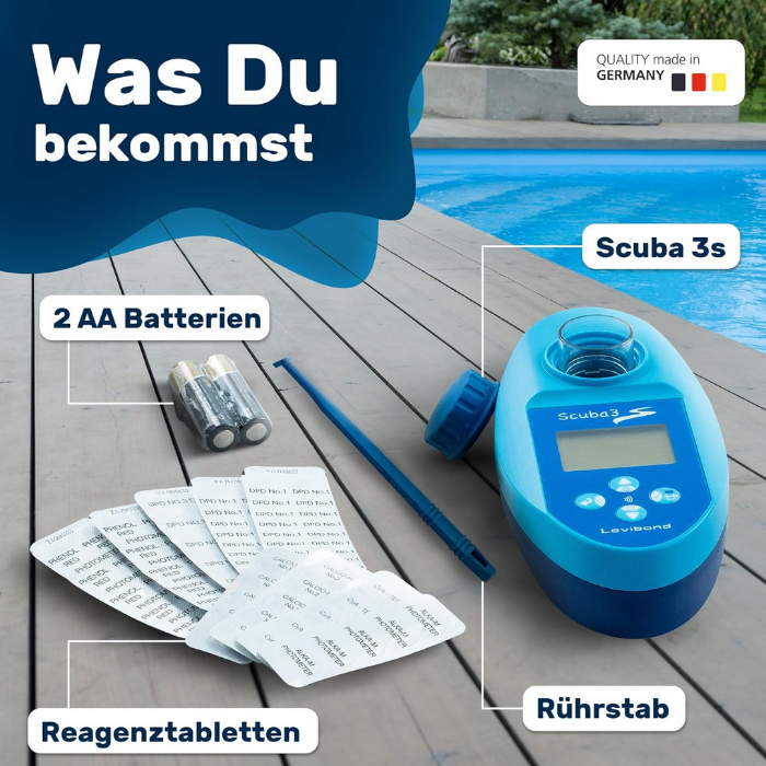 Lovibond Scuba S3 Lieferumfang – elektronischer Pooltester mit Batterien und Zubehör