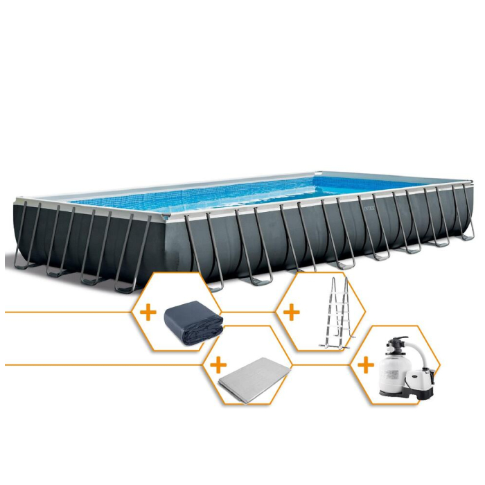 Intex Frame Pool Ultra Quadra XTR 975x488x132 cm, Kombianlage, Reinigungsset, Volleyballset + Solarnoppenfolie