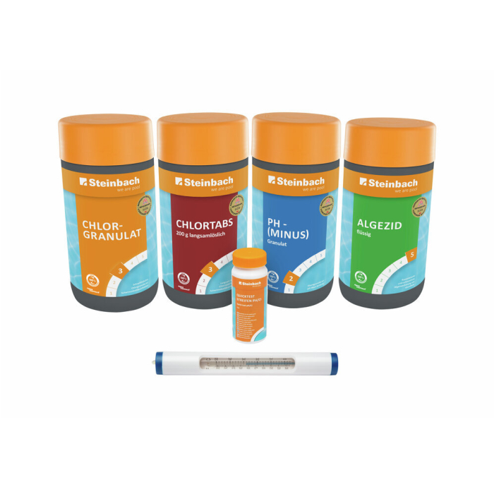 Steinbach Chlor Starterset 6-teilig – Poolpflege-Set mit Chlorgranulat, Chlortabs, pH-Minus und Algezid