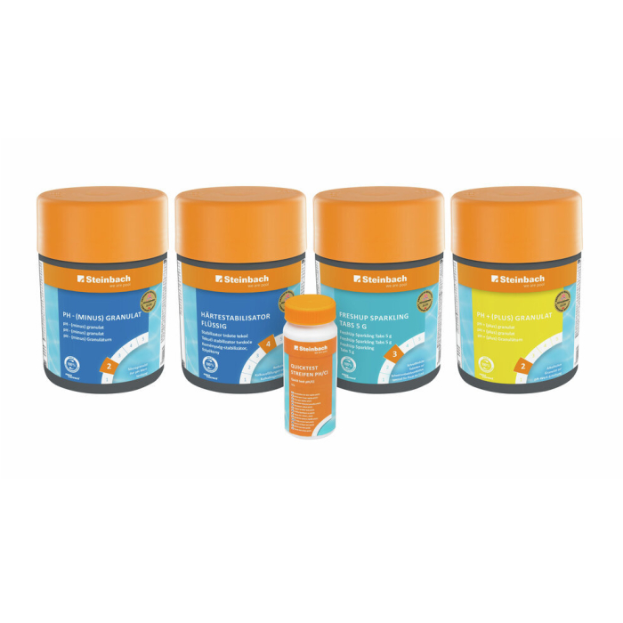 Steinbach Whirlpoolset All in One 5-teilig – pH-Minus, pH-Plus, Härtestabilisator, FreshUp Tabs und Teststreifen