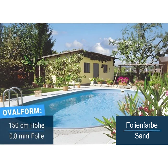 Compact Deluxe Ovalpool im Garten mit sandfarbener Innenfolie, 150 cm Höhe und 0,8 mm Folienstärke