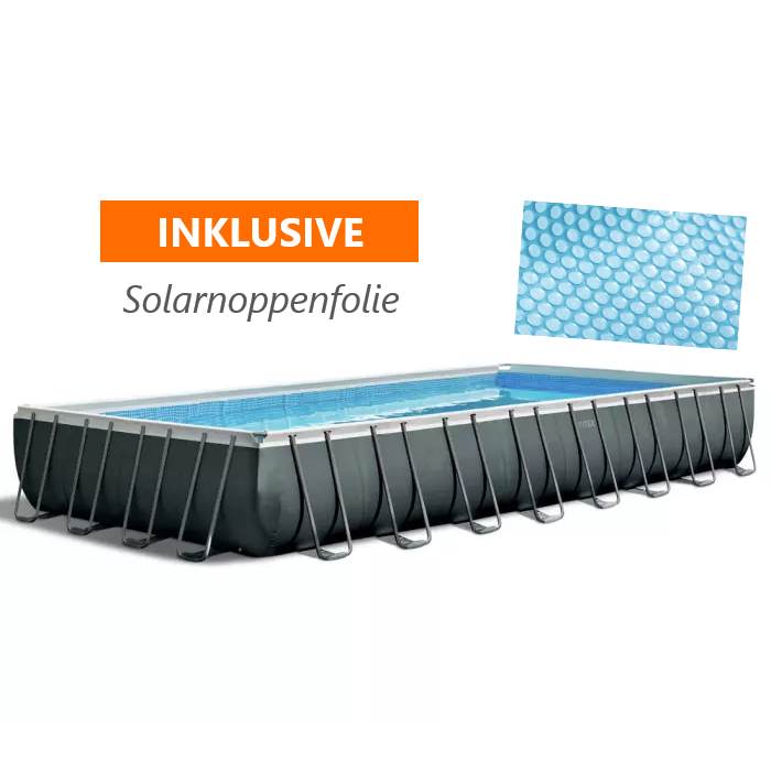 Intex Frame Pool Ultra Quadra XTR 975x488x132 cm, Kombianlage, Reinigungsset, Volleyballset + Solarnoppenfolie