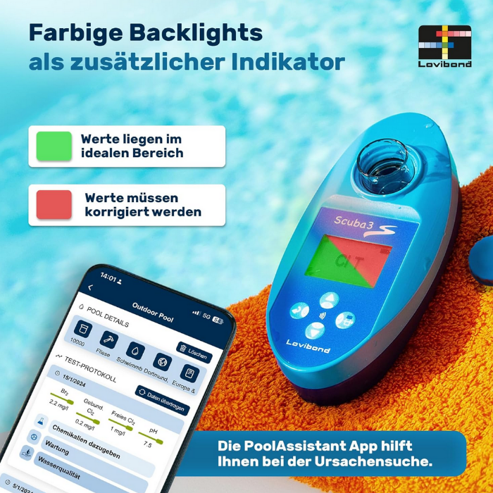 Lovibond Scuba S3 Farbauswertung – grünes Licht für idealen Messbereich, rotes Licht bei Handlungsbedarf