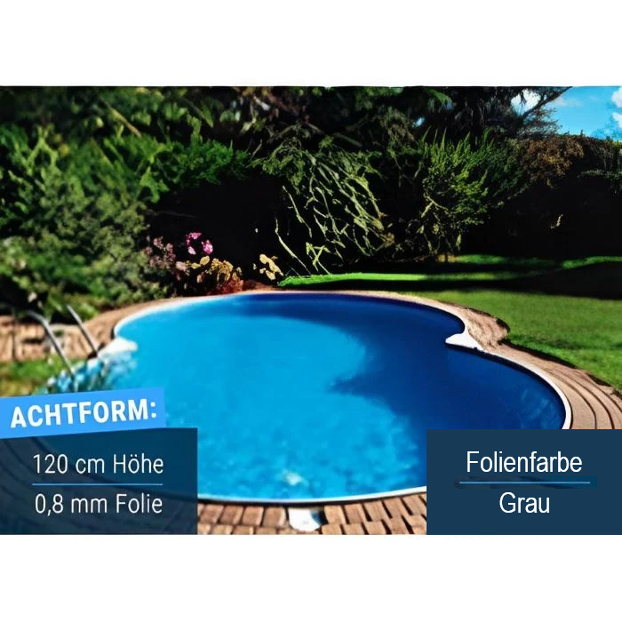 Compact Deluxe Achtform-Stahlwandpool mit Graufarbener Innenfolie im Garten, 120 cm hoch und mit 0,8 mm Folienstärke.