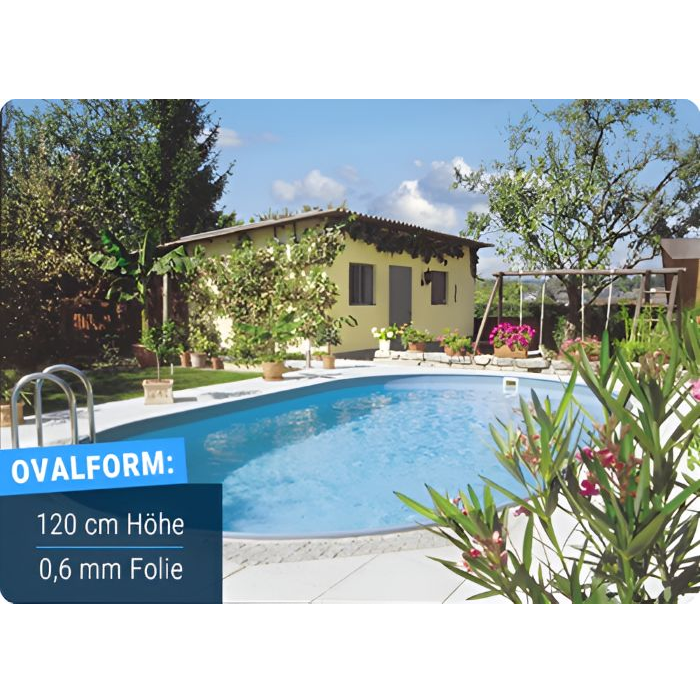 Ovaler Stahlwandpool Compact Deluxe im Garten, Hinweis auf 120 cm Höhe und 0,6 mm Innenfolie